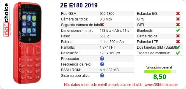 2E E180 2019 Datos técnicos del móvil 2E E180 2019 Datos técnicos del móvil