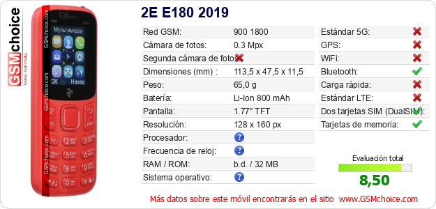 2E E180 2019 Datos técnicos del móvil 2E E180 2019 Datos técnicos del móvil