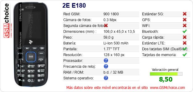 2E E180 Datos técnicos del móvil 2E E180 Datos técnicos del móvil