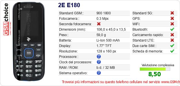 2E E180 Dati tecnici di telefono cellulare 