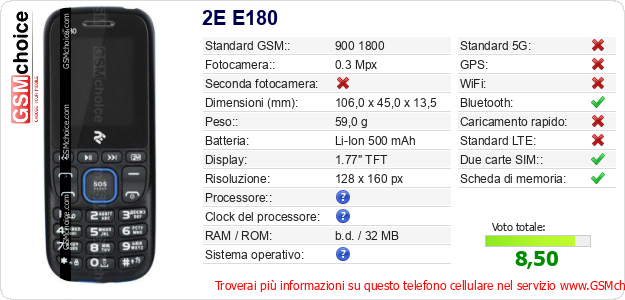 2E E180 Dati tecnici di telefono cellulare 