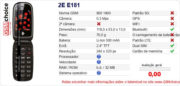 2E E181 Especificações técnicas do telemóvel 2E E181 Especificações técnicas do telemóvel