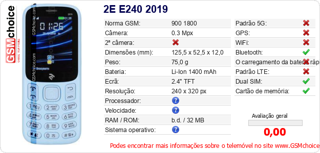 2E E240 2019 Especificações técnicas do telemóvel 2E E240 2019 Especificações técnicas do telemóvel