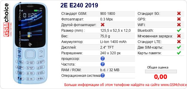 2E E240 2019 Технические данные телефона 2E E240 2019 Технические данные телефона