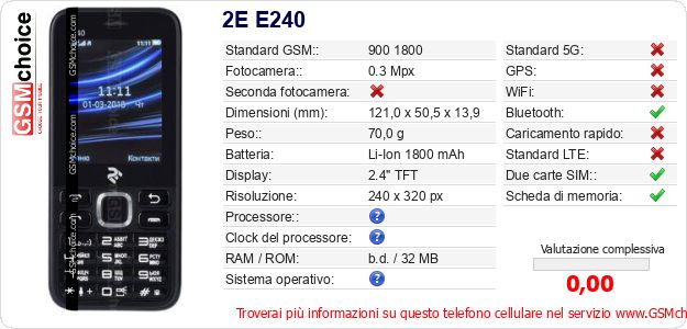 2E E240 Dati tecnici di telefono cellulare 