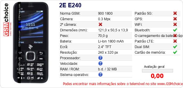 2E E240 Especificações técnicas do telemóvel 