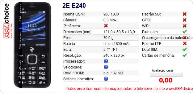 2E E240 Especificações técnicas do telemóvel 