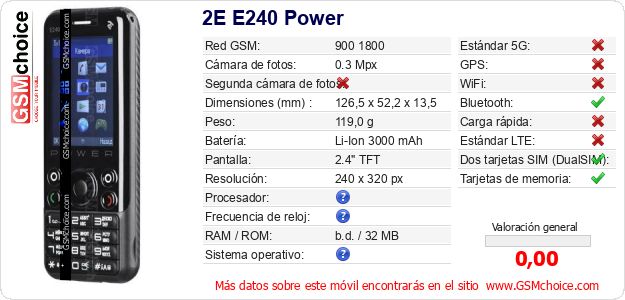 2E E240 Power Datos técnicos del móvil 2E E240 Power Datos técnicos del móvil