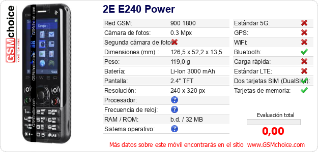 2E E240 Power Datos técnicos del móvil 