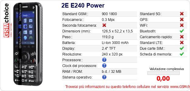 2E E240 Power Dati tecnici di telefono cellulare 2E E240 Power Dati tecnici di telefono cellulare