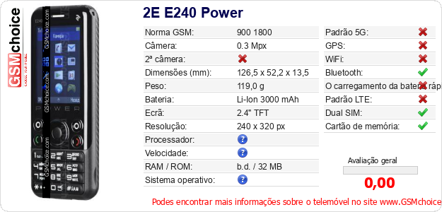 2E E240 Power Especificações técnicas do telemóvel 2E E240 Power Especificações técnicas do telemóvel
