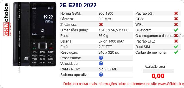 2E E280 2022 Especificações técnicas do telemóvel 2E E280 2022 Especificações técnicas do telemóvel