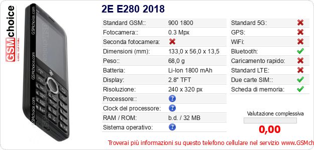 2E E280 2018 Dati tecnici di telefono cellulare 2E E280 2018 Dati tecnici di telefono cellulare