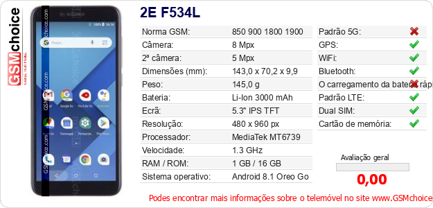 2E F534L Especificações técnicas do telemóvel 