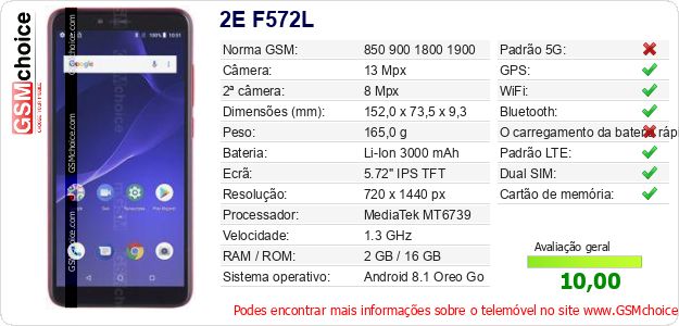2E F572L Especificações técnicas do telemóvel 2E F572L Especificações técnicas do telemóvel
