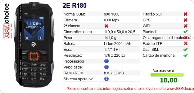 2E R180 Especificações técnicas do telemóvel 2E R180 Especificações técnicas do telemóvel