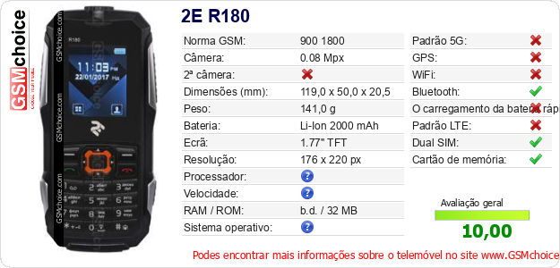 2E R180 Especificações técnicas do telemóvel 