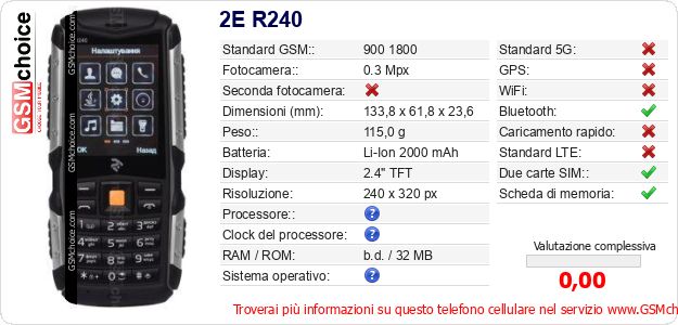 2E R240 Dati tecnici di telefono cellulare 