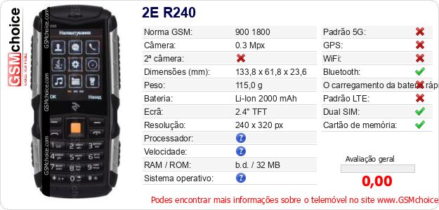 2E R240 Especificações técnicas do telemóvel 2E R240 Especificações técnicas do telemóvel