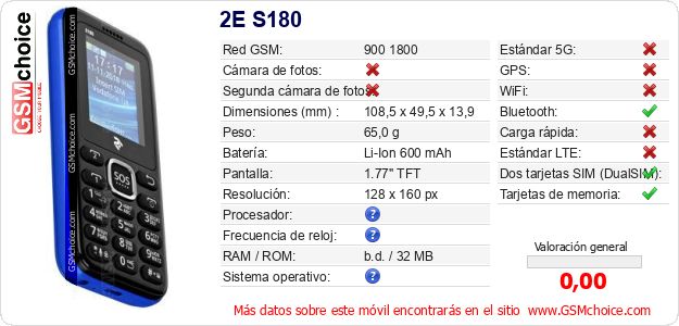 2E S180 Datos técnicos del móvil 2E S180 Datos técnicos del móvil