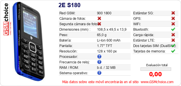 2E S180 Datos técnicos del móvil 2E S180 Datos técnicos del móvil