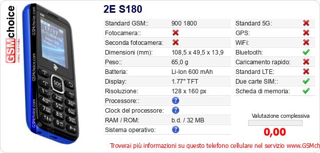 2E S180 Dati tecnici di telefono cellulare 