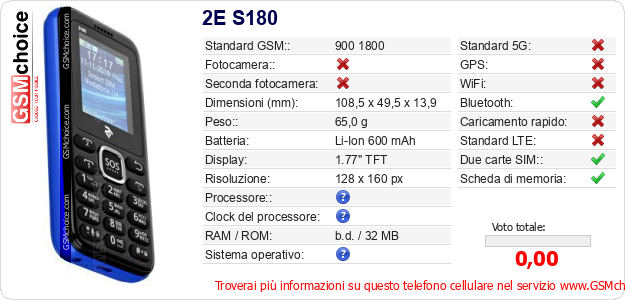 2E S180 Dati tecnici di telefono cellulare 2E S180 Dati tecnici di telefono cellulare