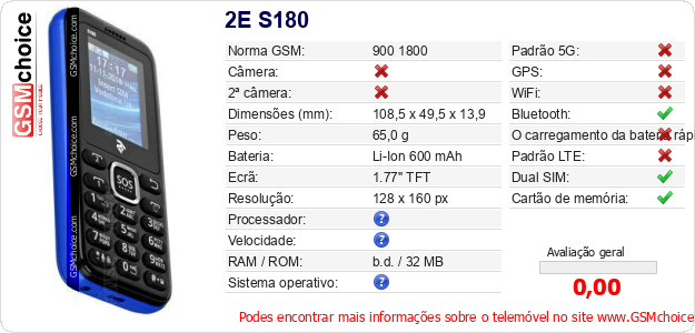 2E S180 Especificações técnicas do telemóvel 2E S180 Especificações técnicas do telemóvel