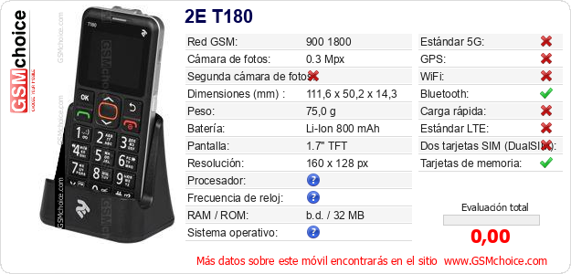 2E T180 Datos técnicos del móvil 