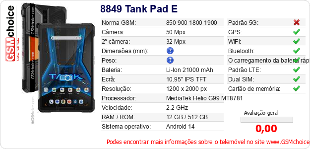 8849 Tank Pad E Especificações técnicas do telemóvel 8849 Tank Pad E Especificações técnicas do telemóvel