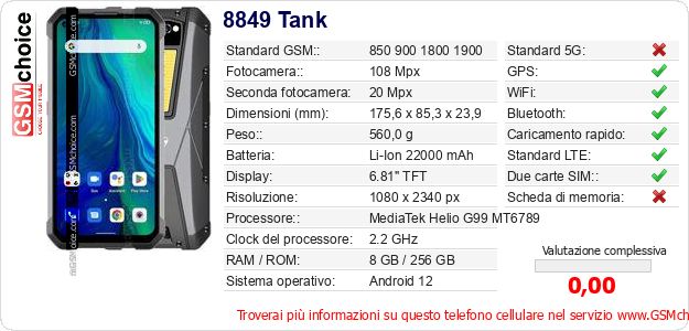 8849 Tank Dati tecnici di telefono cellulare 8849 Tank Dati tecnici di telefono cellulare