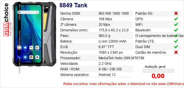 8849 Tank Especificações técnicas do telemóvel 8849 Tank Especificações técnicas do telemóvel