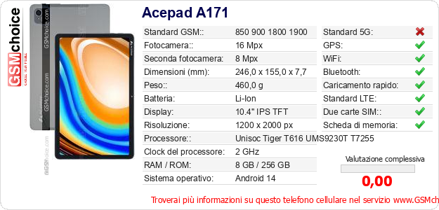 Acepad A171 Dati tecnici di telefono cellulare 