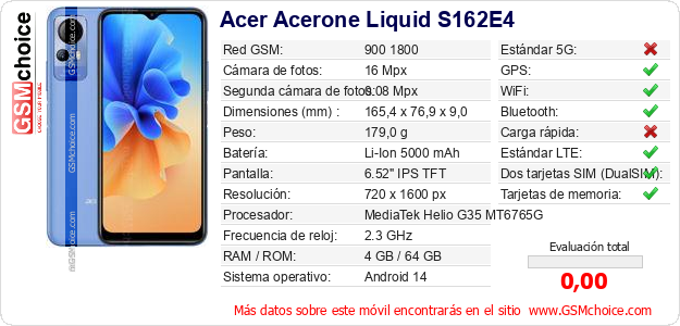 Acer Acerone Liquid S162E4 Datos técnicos del móvil 