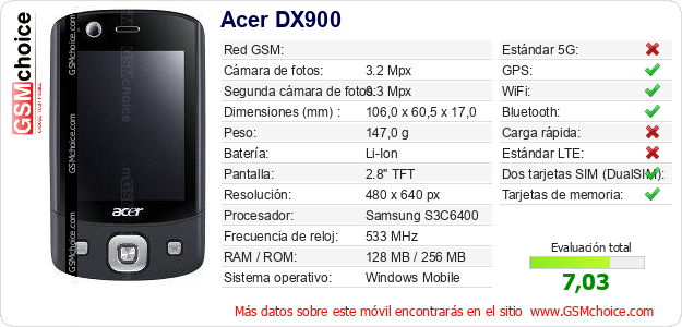 Acer DX900 Datos técnicos del móvil 