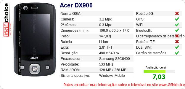 Acer DX900 Especificações técnicas do telemóvel 