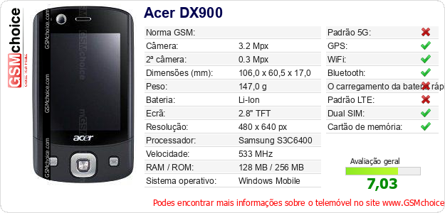 Acer DX900 Especificações técnicas do telemóvel 
