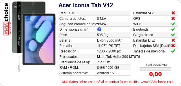 Acer Iconia Tab V12 Datos técnicos del móvil 
