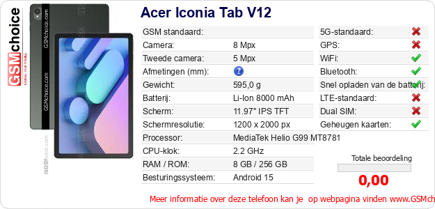 Acer Iconia Tab V12 Technische gegevens 