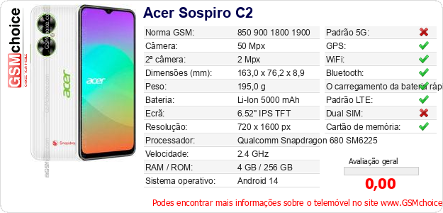 Acer Sospiro C2 Especificações técnicas do telemóvel 
