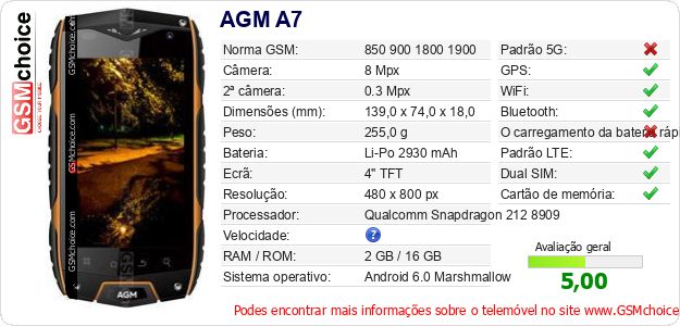 AGM A7 Especificações técnicas do telemóvel 