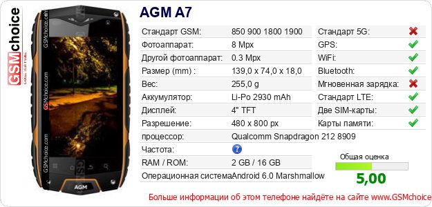 AGM A7 Технические данные телефона AGM A7 Технические данные телефона