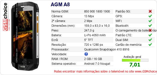 AGM A8 Especificações técnicas do telemóvel AGM A8 Especificações técnicas do telemóvel