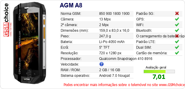 AGM A8 Especificações técnicas do telemóvel 