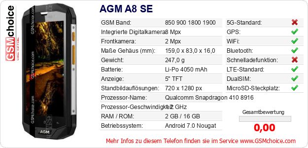 AGM A8 SE technische Daten AGM A8 SE technische Daten