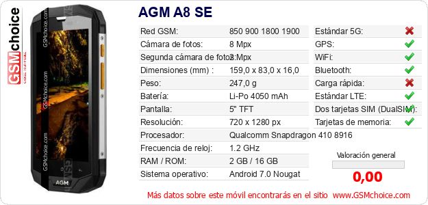 AGM A8 SE Datos técnicos del móvil AGM A8 SE Datos técnicos del móvil
