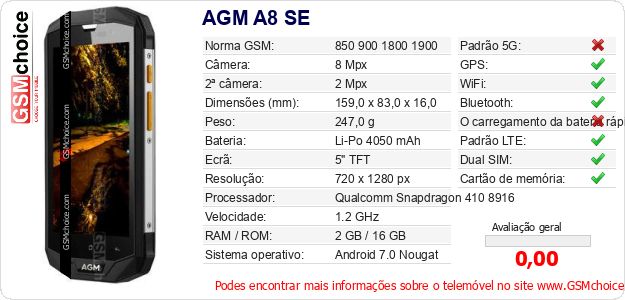 AGM A8 SE Especificações técnicas do telemóvel AGM A8 SE Especificações técnicas do telemóvel