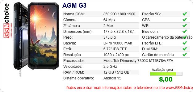 AGM G3 Especificações técnicas do telemóvel AGM G3 Especificações técnicas do telemóvel