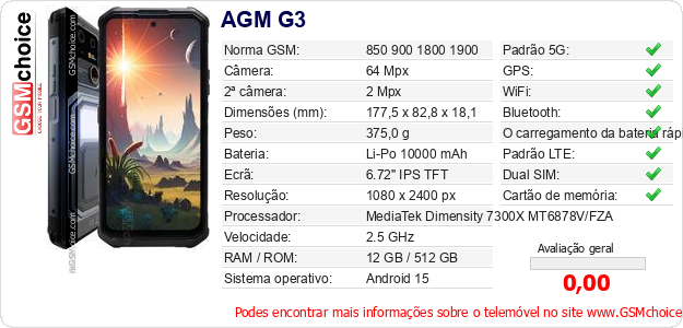 AGM G3 Especificações técnicas do telemóvel 