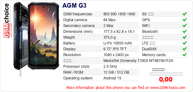 AGM G3 手機技術數據